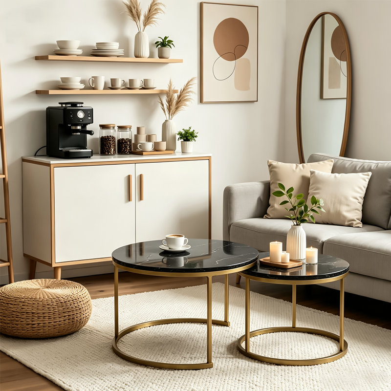 Table d'appoint 2 pièces ronde avec structure en métal et tables d'appoint en bois, Noir, Gold