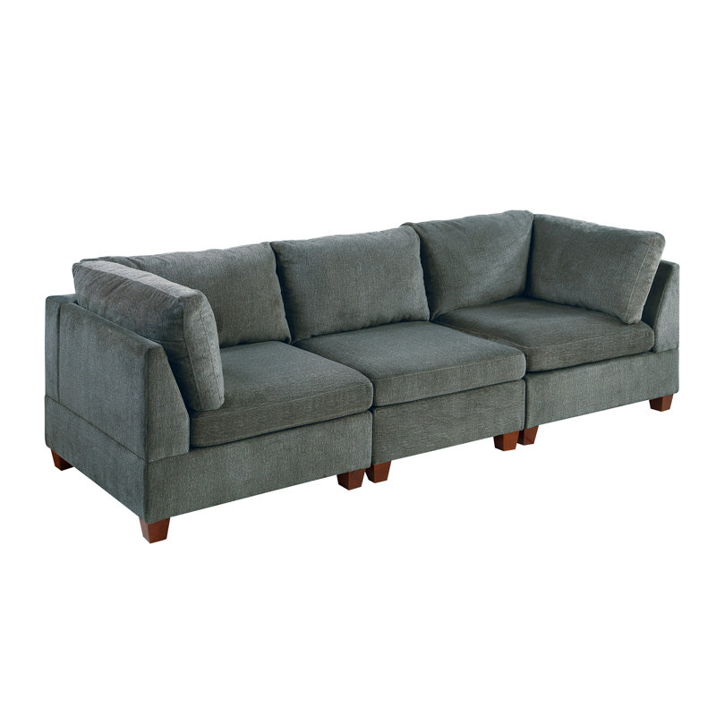Modular 3Pc Armchair , Grey Chenille Upholstery, Wood Frame Worth Of Armchairs In With Base, 30" H x 111" W x 35" D