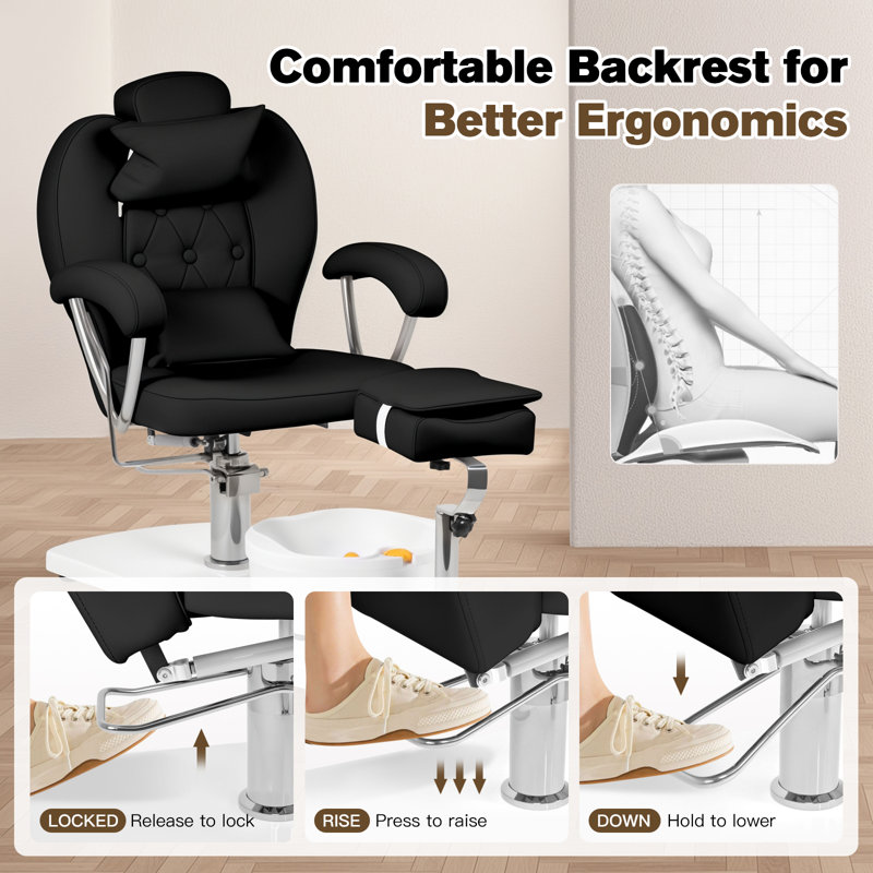Professional Pedicure Chair with Stool and Removable Massage Foot Bath, Hydraulic Reclining Pedicure Station with Adjustable Height, 360° Swivel