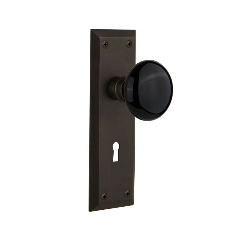 Black Porcelain Interior Mortise Door Knob with New York Long Plate, Oil-Rubbed Bronze