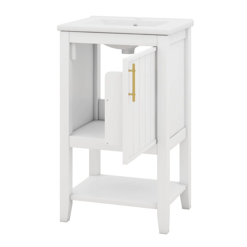 Armoire de rangement de salle de bain moderne de 20 po avec lavabo en céramique, meuble-lavabo autoportant avec porte à fermeture douce, support de rangement et tablette ouverte