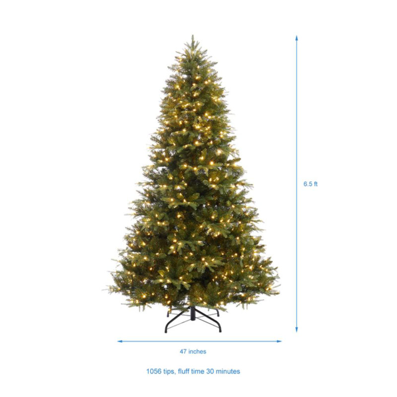 Traditional Prelit Artificial Christmas Tree with Warm Lights and Metal Stand, Wide Realistic Tree, 6.5' 