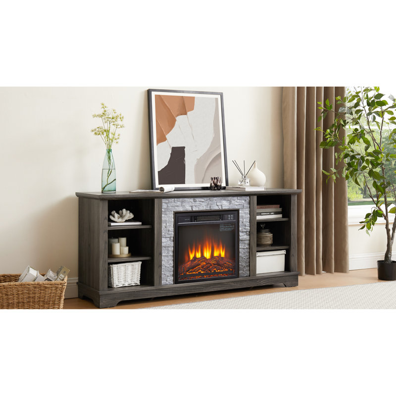 Foyer électrique, gris, foyer encastré en pierre 18 po, espace de rangement ouvert, convient aux téléviseurs de 65 po, meuble de divertissement moderne gris - espace de rangement pour