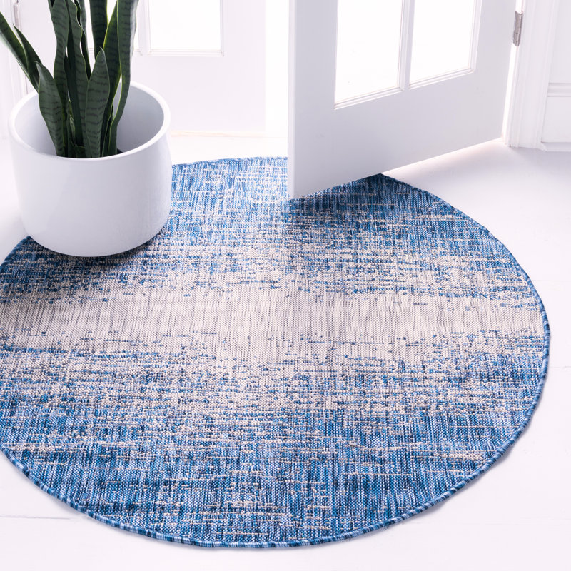 Tapis intérieur / extérieur bleu abstrait Datto, Rond 13 pi, Blue