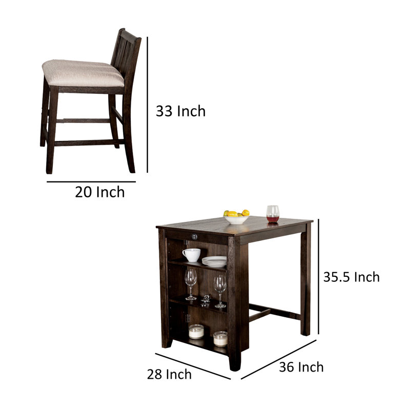 Ensemble de table à hauteur de comptoir 3 pièces Lessi avec tablette latérale Lessi, bois USB, Brun cerisier, Brun cerisier