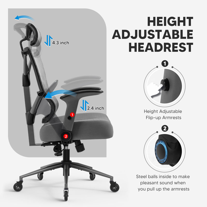 Kymberlie Ergonomic Mesh Task Chair with Headrest, Gray