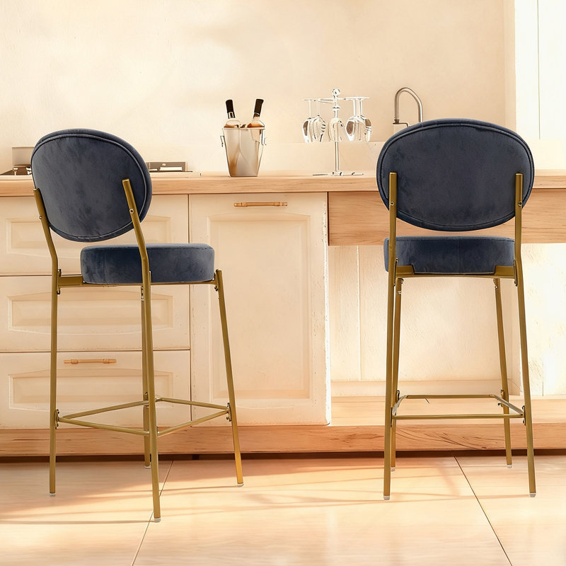 Ensemble de 2 tabourets de bar rembourrés d'intérieur en bois, finition noyer foncé et ivoire, ensemble de 2, Gris / tissu
