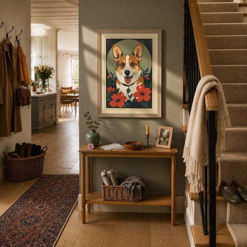 Corgi Crowned Botanical - Framed Print, A3 - 42.0 x 29.7 cm, Oak