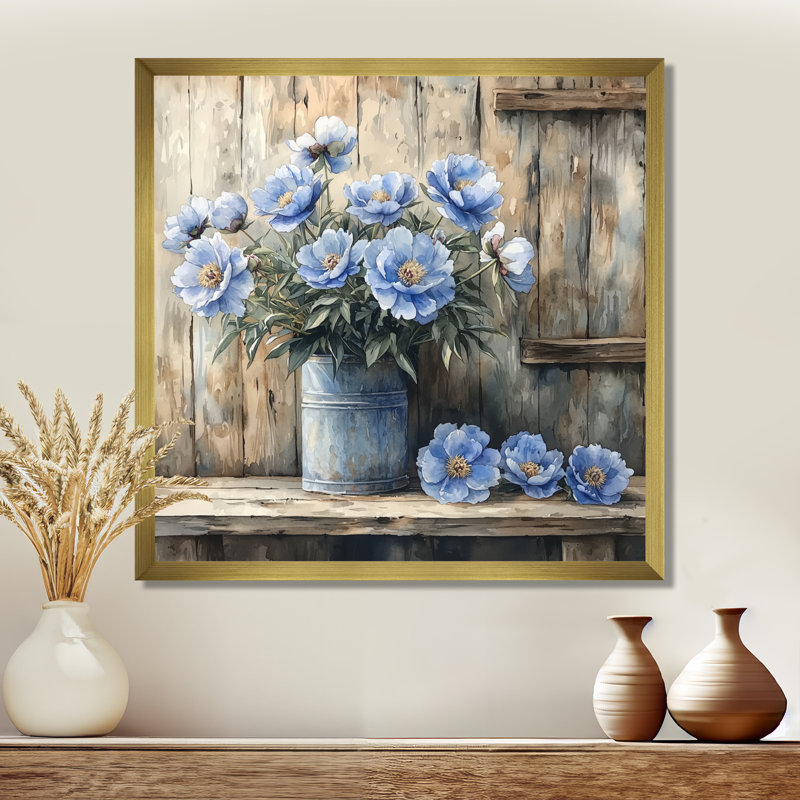 Acier bleu pivoines par la remise I - pivoines, art mural, Reproduction encadrée d'une seule photo, H 16 po x l 16 po, Doré