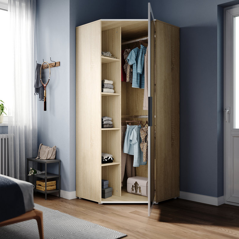 472.44*203.2*203.2CM Modern Corner Wardrobe with High Gloss UV Doors and Mirror,Solid Wood Style, Black/Oak