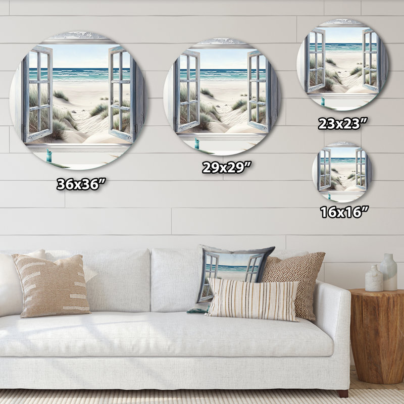 Fenêtre sur la plage III - art en métal rond côtier, H 23 po x l 23 po