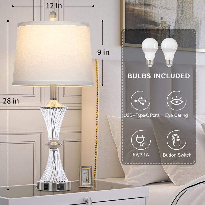 28" Modern Glass USB Table Lamp Set Built-In Outlet, Bulb Included