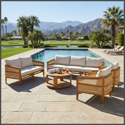 Ensemble de meubles de patio en bois d'acacia de 5 pièces TopMAX, ensemble de canapé modulaire en rotin d'extérieur avec causeuse, 2 fauteuils et table basse ronde, coussins résistants à l'eau pour la piscine, beige