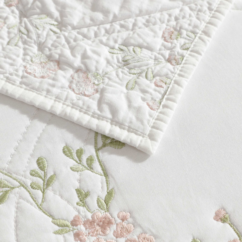 Laura Ashley Floral Embroidery Cotton Reversible Quilt Set, Pink Floral, King Quilt + 2 King Shams