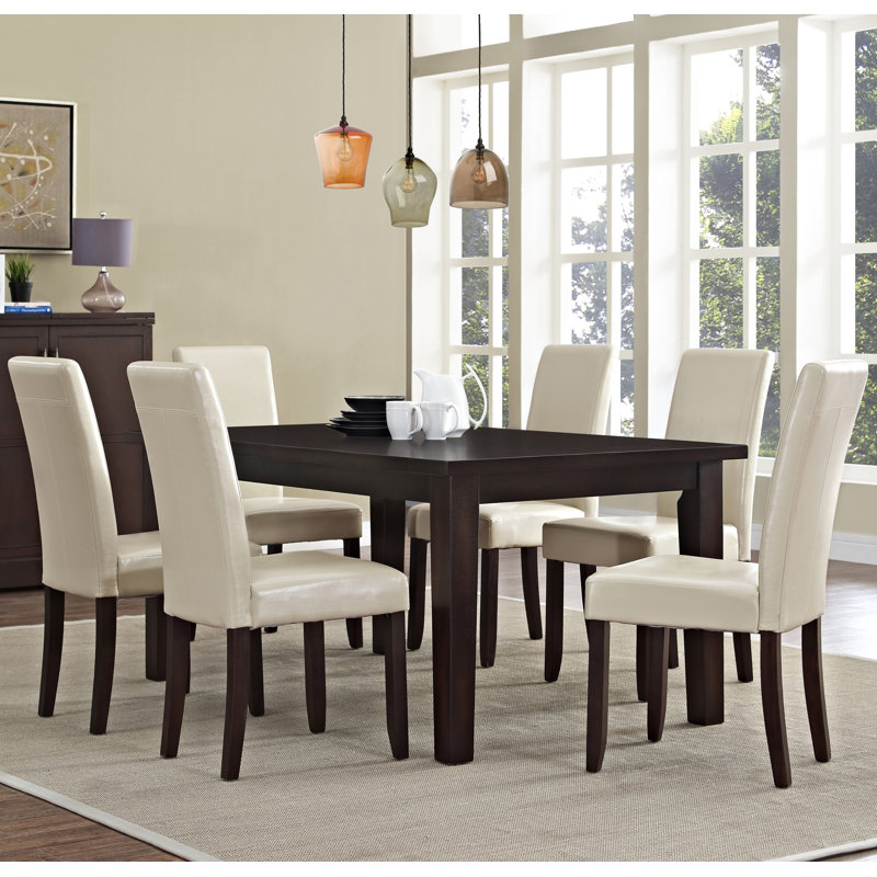 Acadian 7-Piece Dining Set with Solid Hardwood Table and 6 High-Back Upholstered Chairs, Brown Faux Leather