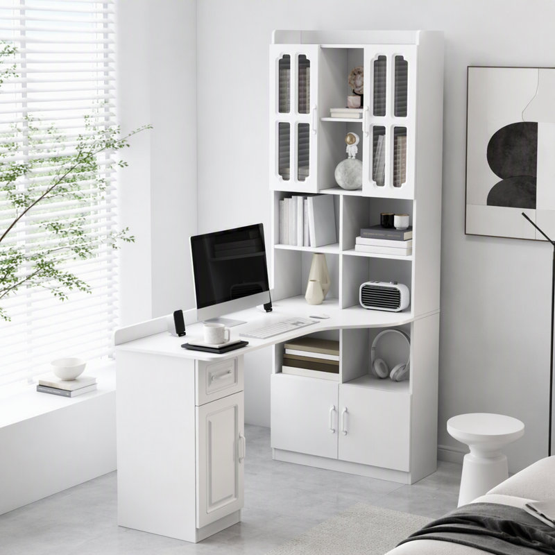 Bureau d'ordinateur d'angle en L pour bureau à domicile ou bureau d'étude, table d'étude de style moderne avec tiroirs, bibliothèque et huche, conception en L 2 en 1, grand espace de travail, blanc