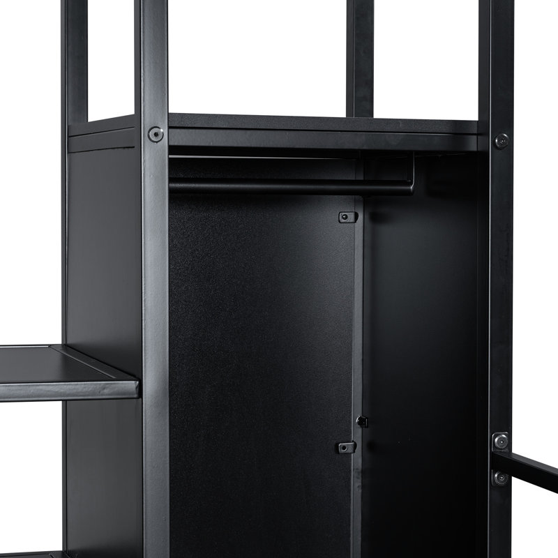 Lit mezzanine noir en métal pleine grandeur avec espace de fabrication intégré, garde-robe et escalier de rangement pour établi