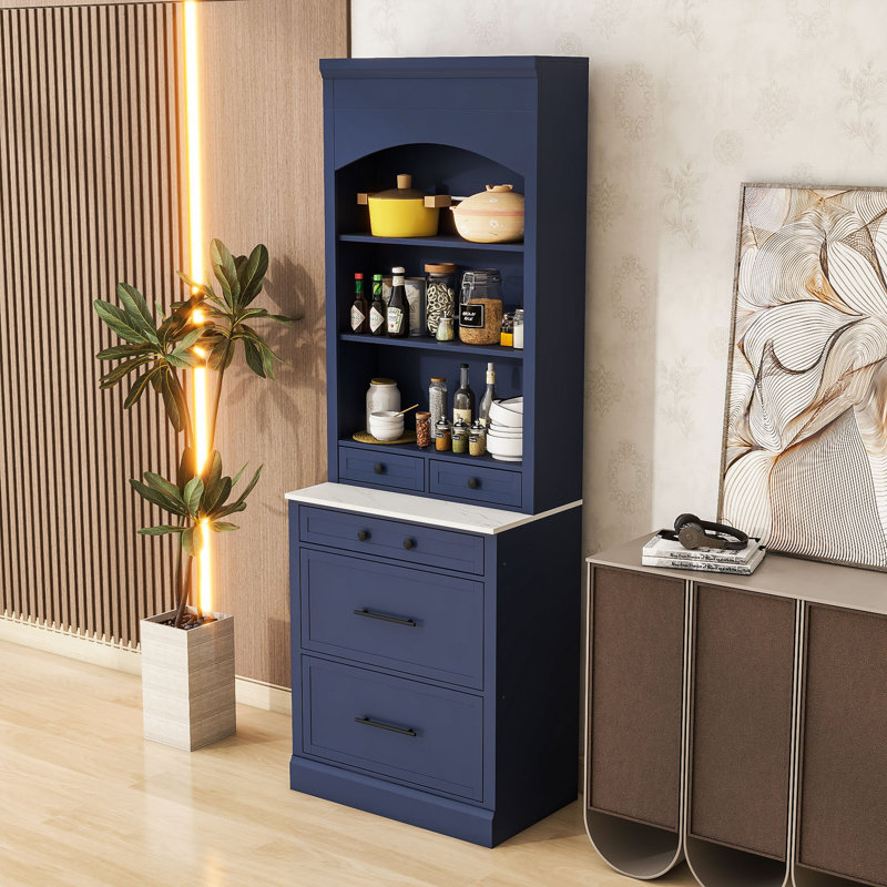 Garde-manger haut avec plateau en faux marbre, tiroirs de rangement et tablettes réglables, Noir, Bleu