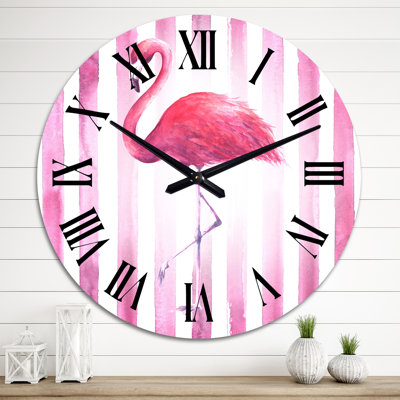 Pink Flamingo on Pink Stripes - Traditional Wall Clock