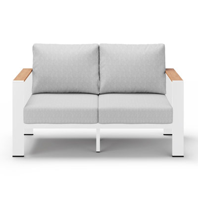 2-Person Aluminum Patio Sofa with Wood HDPS Armrest, Outdoor Loveseat with 6" Thick Cushions 