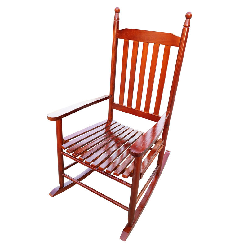 Chaise berçante de véranda en bois, dossier à lattes brun pour le soutien Assise et accoudoirs confortables en bois franc massif. Assemblage facile.