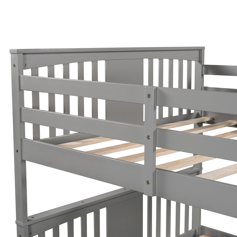 Full Over Full Bunk Bed With Ladder For Bedroom, Guest Room Furniture-Gray, Gray