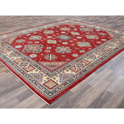 7'10"x9'9" Crimson Red, Afghan Special Kazak with Geometric Pattern, 100% Wool, Hand Knotted, Densely Woven, Natural Dyes, Oriental Rug