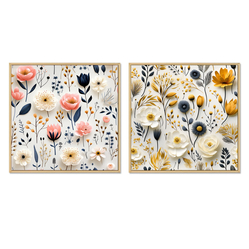 Ambrose - Ensemble de 2 collages carrés botaniques abstraits, Cadre flottant brun, H 30 po x l 61 po