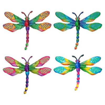 3Pcs Iron Dragonfly Wall Sculpture, Hand Painted Hollow Dragonfly Wall Art, Waterproof Metal Wall Ornament for Yard Indoor Outdoor Decor