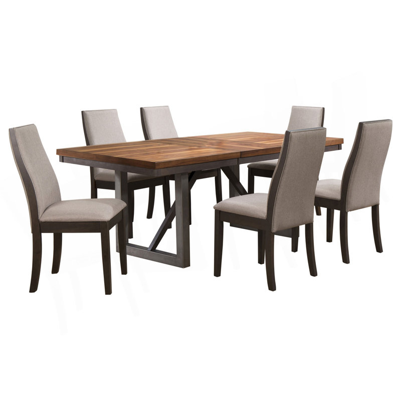 Natural Walnut And Grey Dining Set, 7 Pieces: Table, 6 Chairs