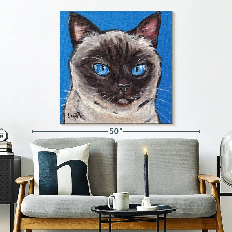 Chat siamois sur fond bleu, H 33 po x l 33 po