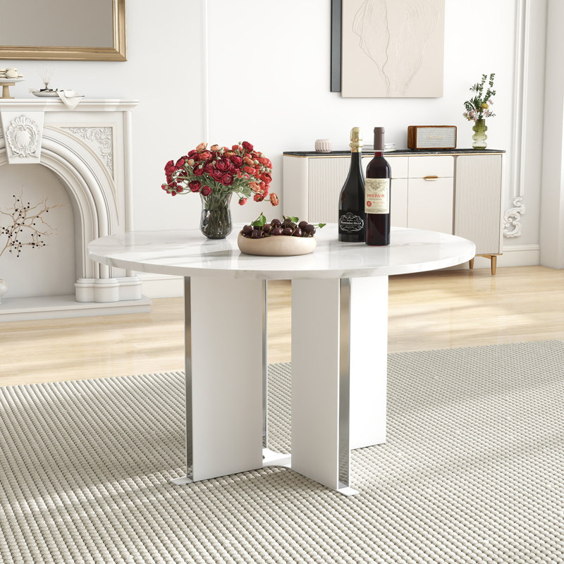 Table de salle à manger moderne de 47 po de largeur, table ronde en bois avec texture de marbre pour salle à manger
