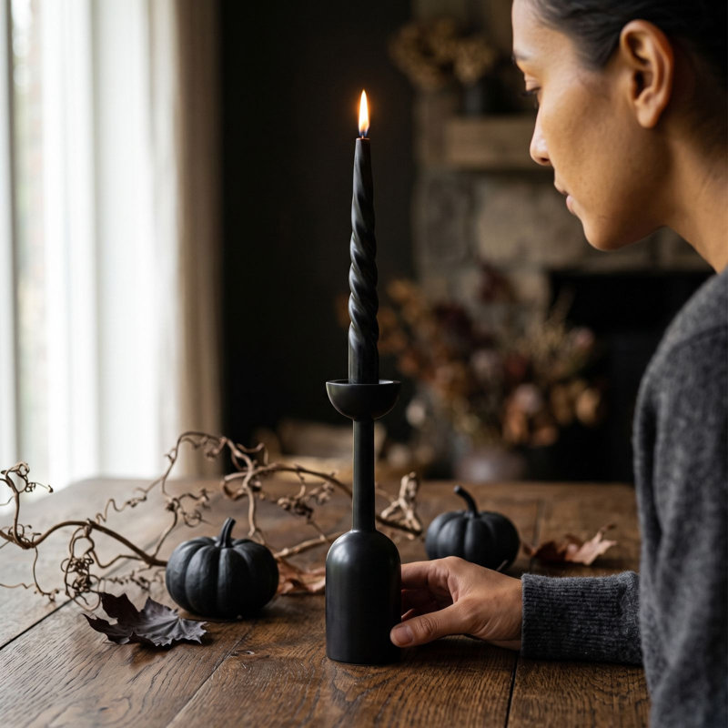 Décoration d'Halloween : bougeoirs vintage en fer noir, bougeoirs gothiques coniques avec fini mat, support en métal robuste pour centre de table d'Halloween