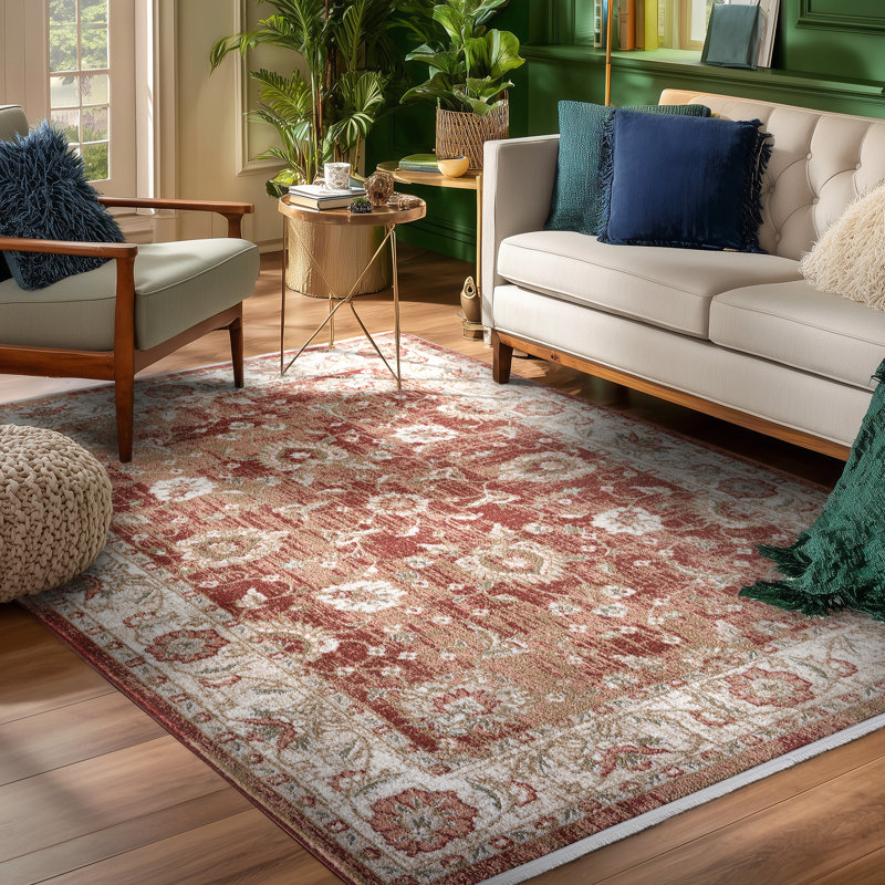 Tapis cramoisi rétro avec frange Elysium, Rectangle 5 pi 3 po x 7 pi 3 po