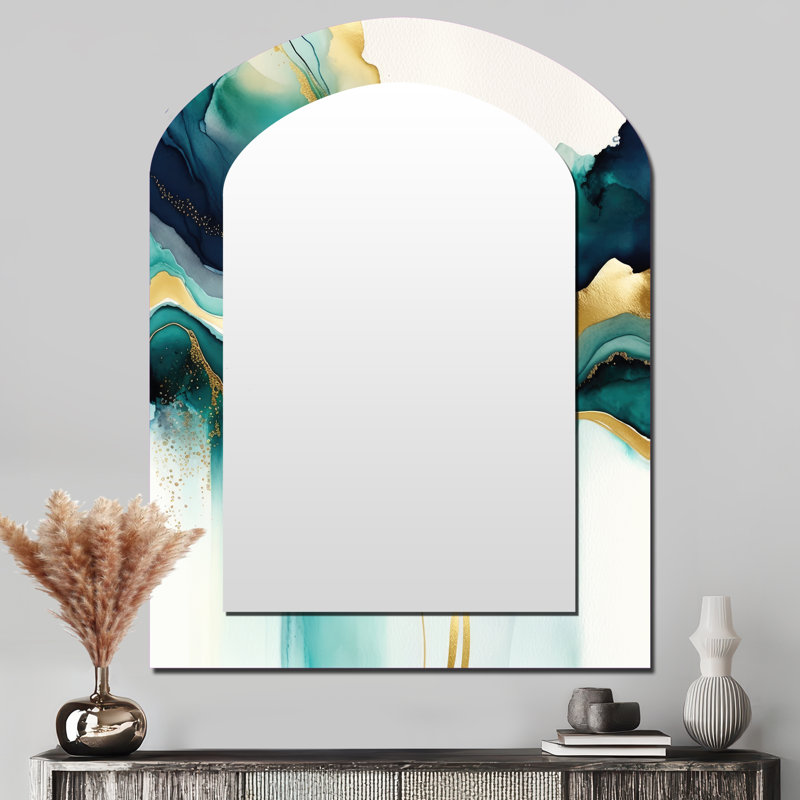 Teal And Gold Abstract Expression I - Liquid Ink Arch Decorative Mirror, Modern Asymmetrical Wall Mirror, Printed Metal Art