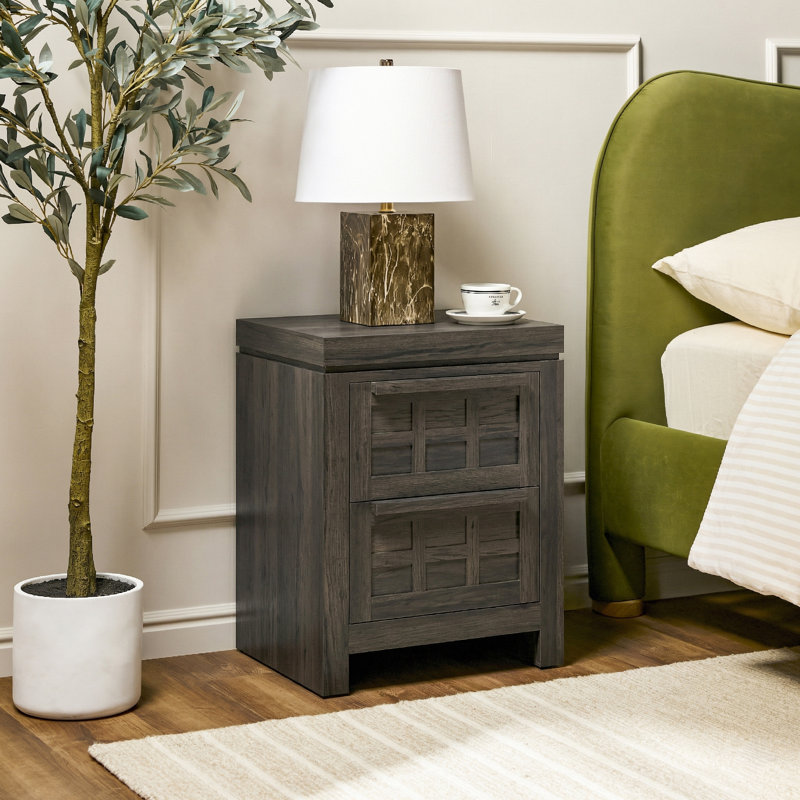 Bateson Modern 2 Drawer Nightstand Side Table, Black Oak