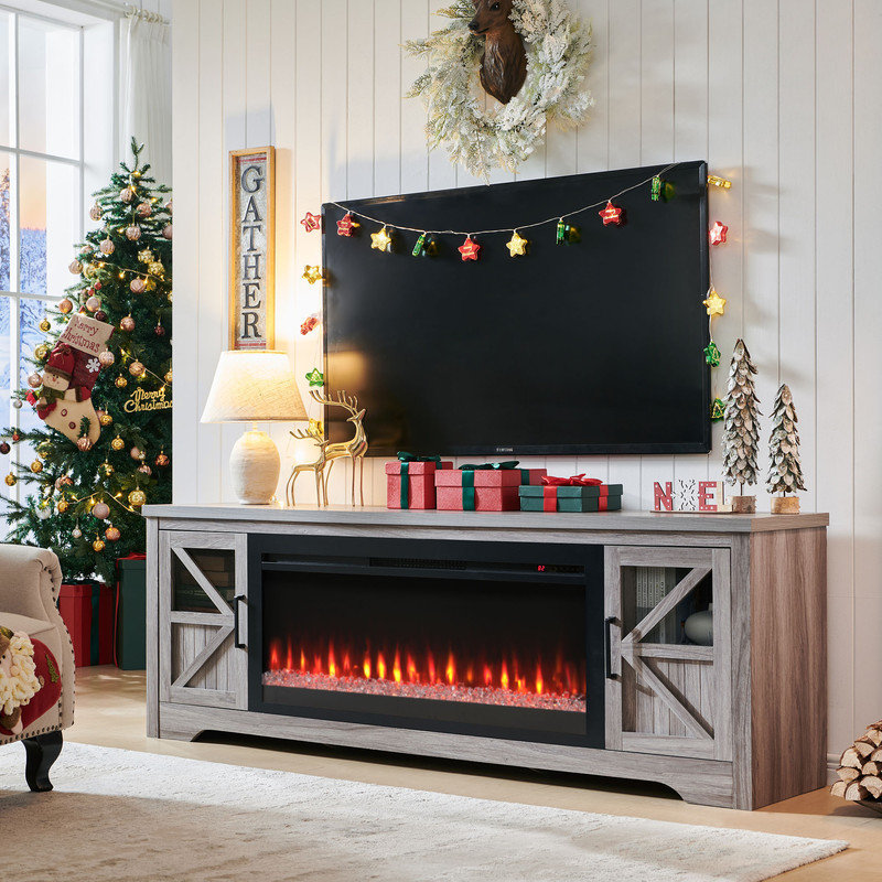  Fireplace TV Stand for 85" TV, Entertainment Center with 44" Electric Fireplace, Adjustable Shelves, TV Stands Console for Living Room, Gray