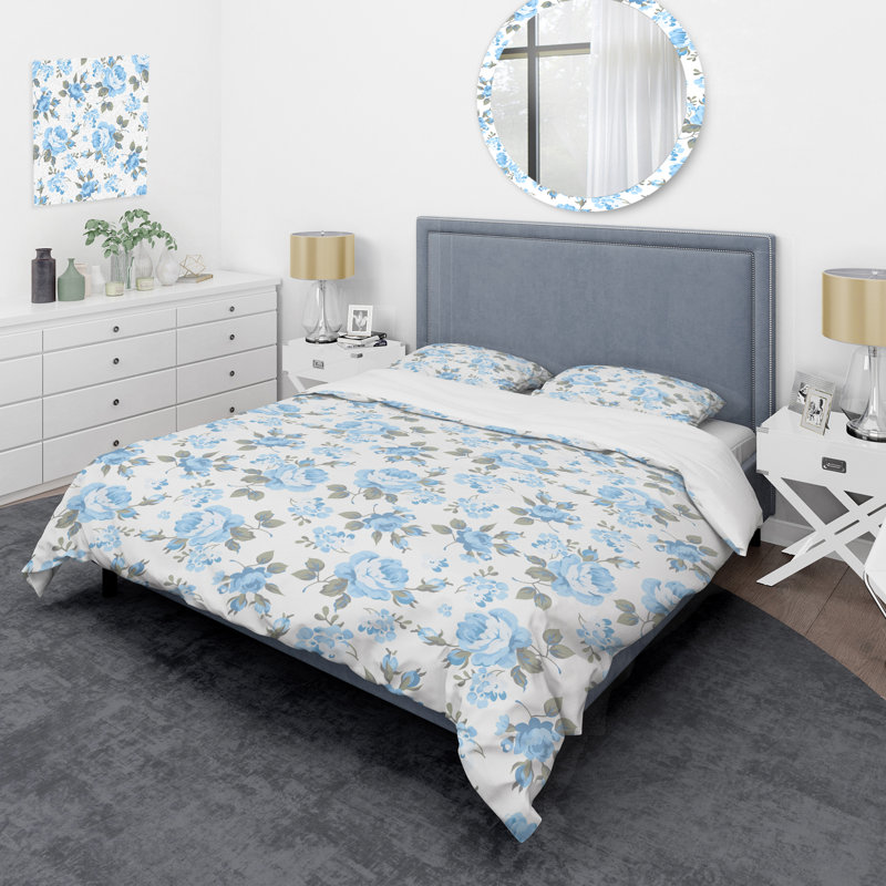 Floral Blue Roses - Ensemble de housse de couette floral - Polyester microfibre