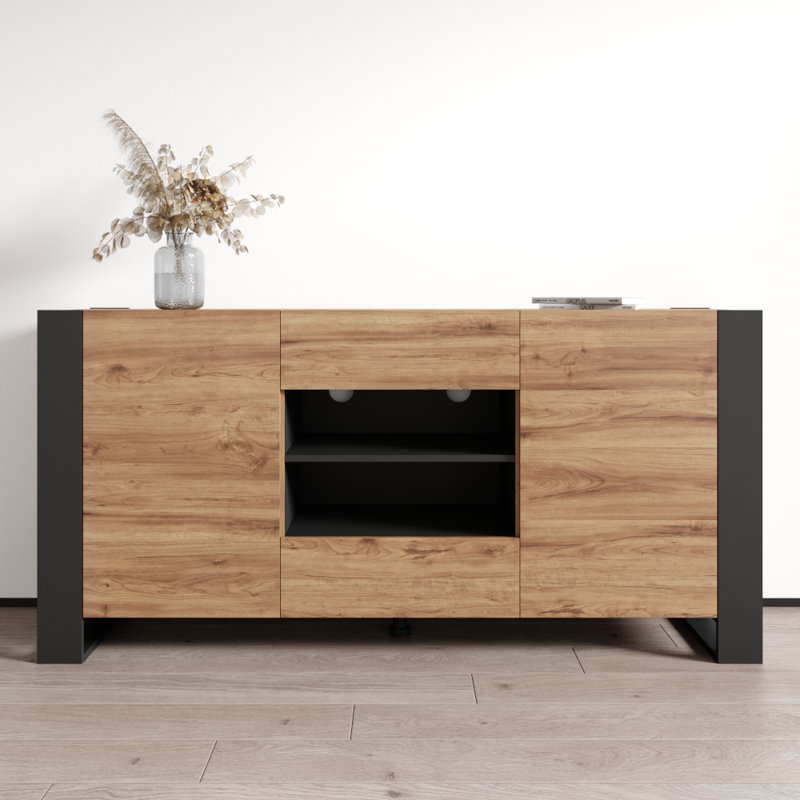 Buffet togut 64,5 po avec finition ultrabrillante, Chêne / gris
