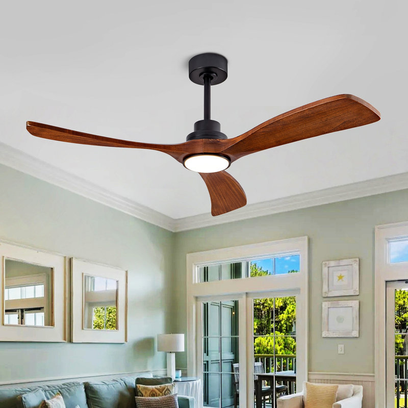 Ventilateur de plafond 52 po avec lumière, 3 pales en bois massif, télécommande, 3 ampoules à DEL à intensité variable, minuterie, moteur réversible à 6 vitesses pour le salon ou la terrasse