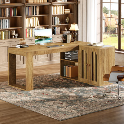 59" L Shaped Executive Office Desk with Storage Cabinet and Shelves