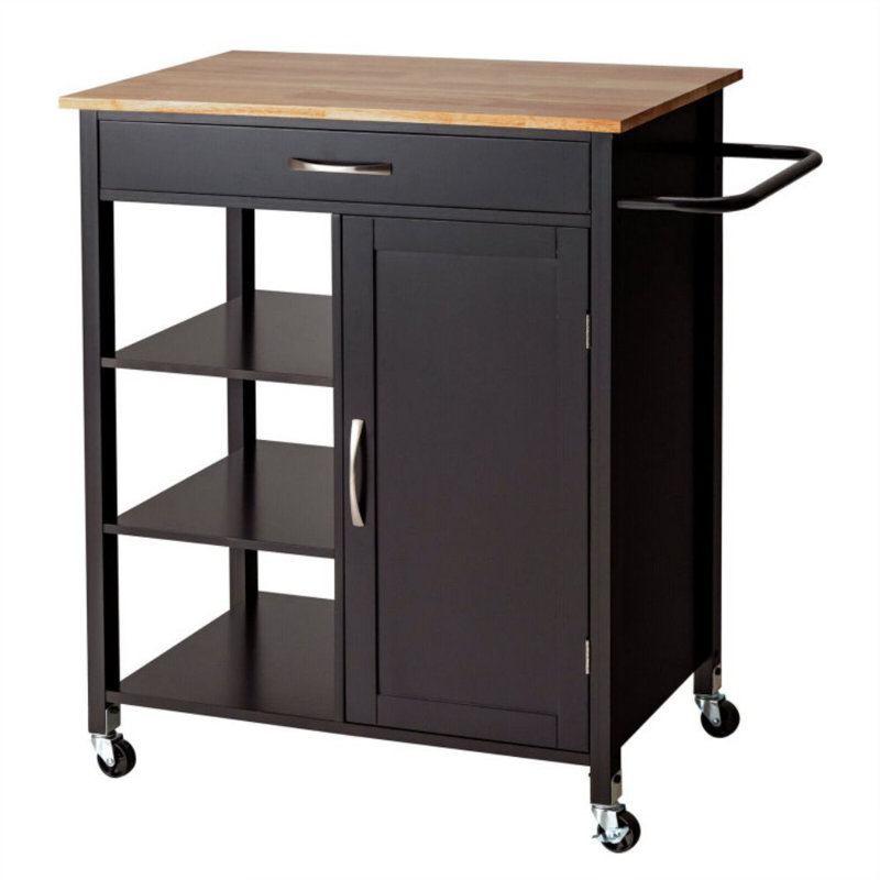Mobile Kitchen Island Cart With Rubber Wood Top, Brown