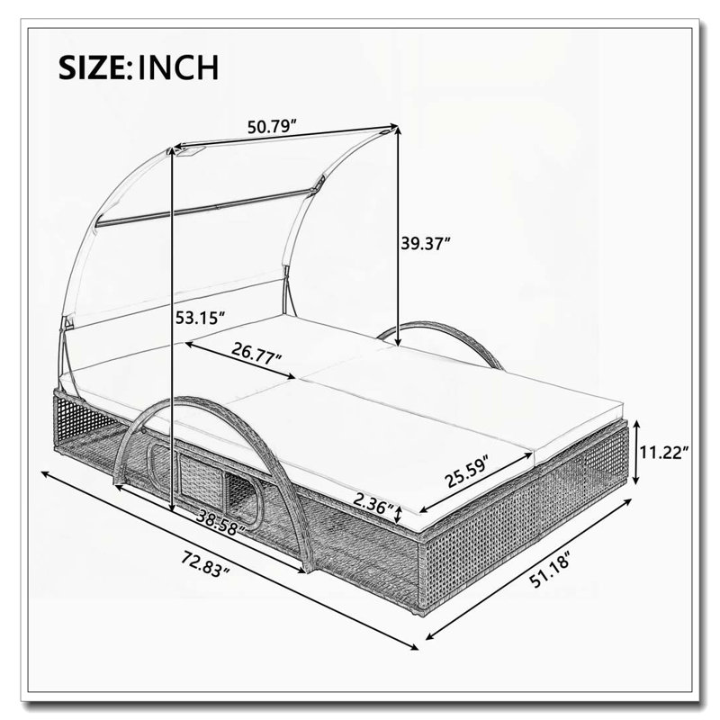 Outdoor Steel Frame Sun Lounger with Adjustable Backrest,Patio Double Sunbed with Hidden Side Table and Arched Armrests, Gray