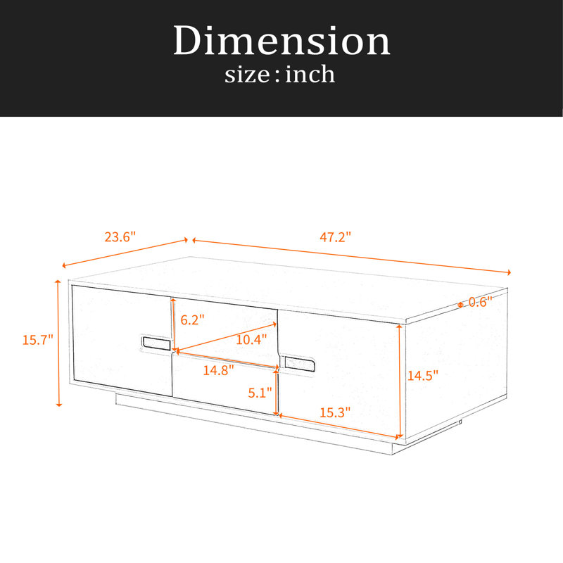 Table basse rectangulaire moderne ultrabrillante, table centrale élégante avec espace de rangement, mobilier d'appoint avec 16 lumières DEL de couleur pour le salon
