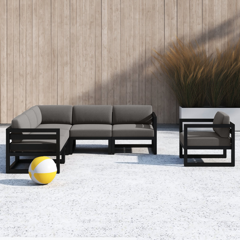 Smith 94'' Wide L-Shaped Powder Coated Aluminum Patio Sectional with Sunbrella® Cushions, Canvas Charcoal Sunbrella® Canvas