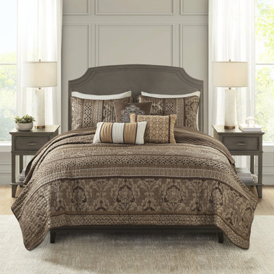 Courtepointe brune / dorée 6 pièces avec coussins - qualité double / grand, motifs rayés, accents dorés, feuille réversible et détails, conception polyvalente