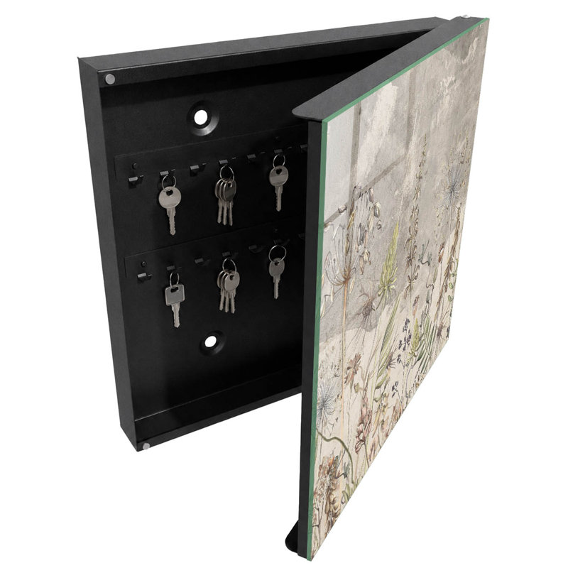 Key storage box, Opens to the left, 30x30x5, White, A subtle plant motif on a gray background, 