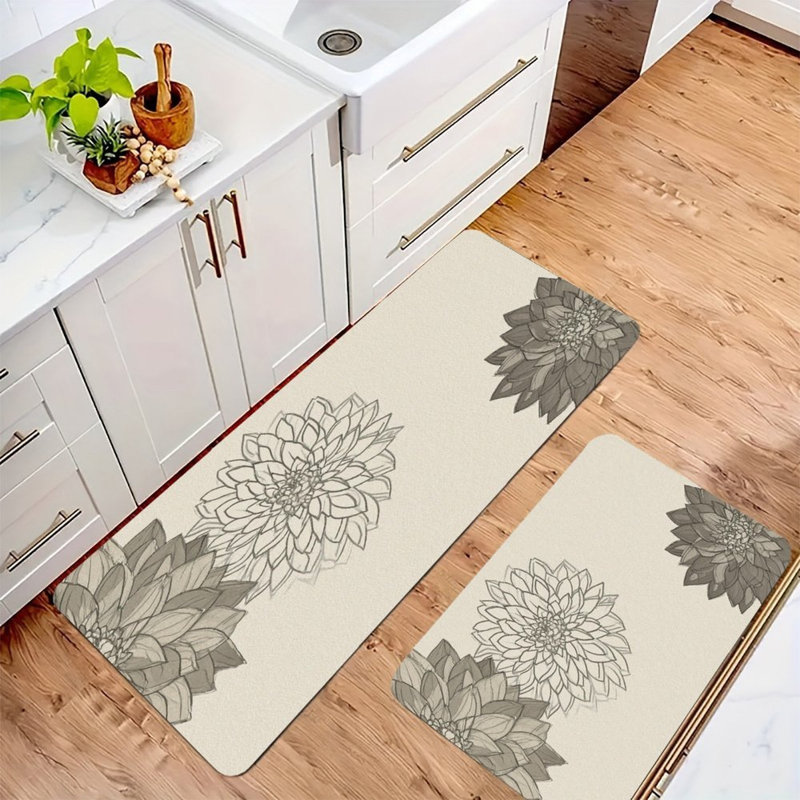 Dahlia croquis, 2 tapis de cuisine antidérapants, Croquis de dahlia beige / gris