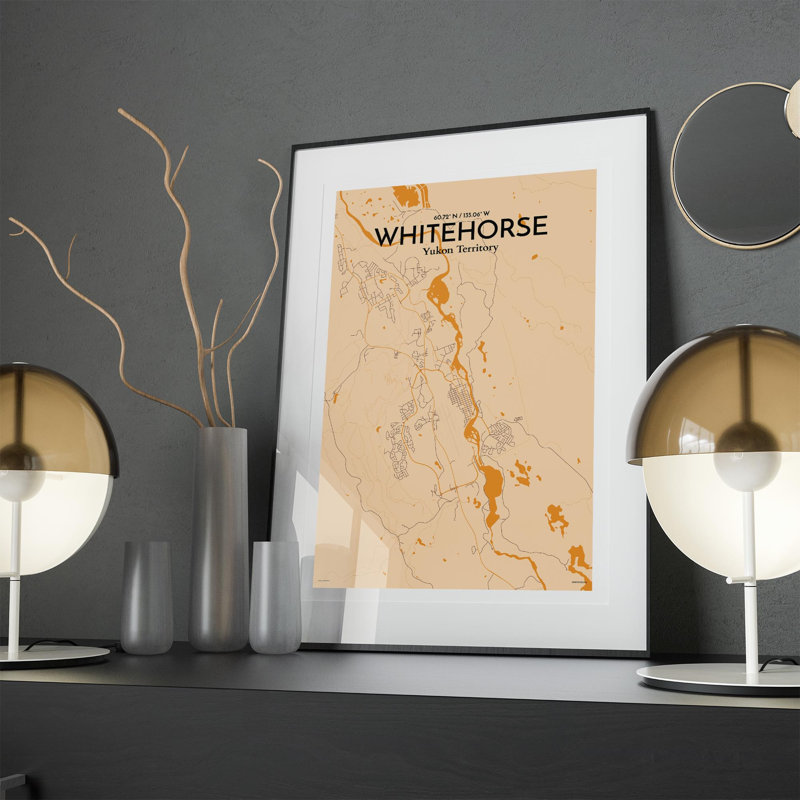 «Whitehorse City Map», impression, H 17 po x l 11 po, Orange / or pâle