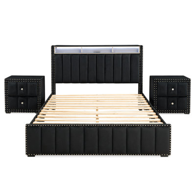 Ozara 3-Piece Bed And Nightstand Bedroom Set With Charging Stations